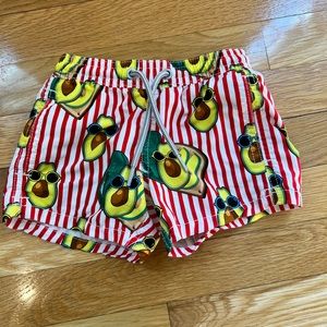 MC2 St Barth little boys swim trunks sz 2. Red/white striped with avocado print